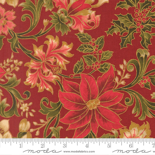 Merry Manor Metallic 2025 Poinsettia Large Floral Jacobean Crimson Red Moda Fabrics Cotton Fabric MD-33860-12M