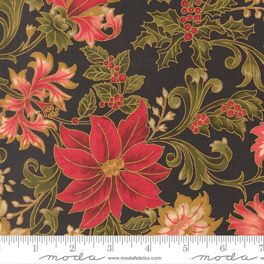 Merry Manor Metallic 2025 Poinsettia Large Floral Jacobean Ebony Black Moda Fabrics Cotton Fabric MD-33860-14M