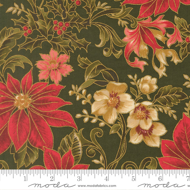 Merry Manor Metallic 2025 Poinsettia Large Floral Jacobean Evergreen Moda Fabrics Cotton Fabric MD-33860-13M