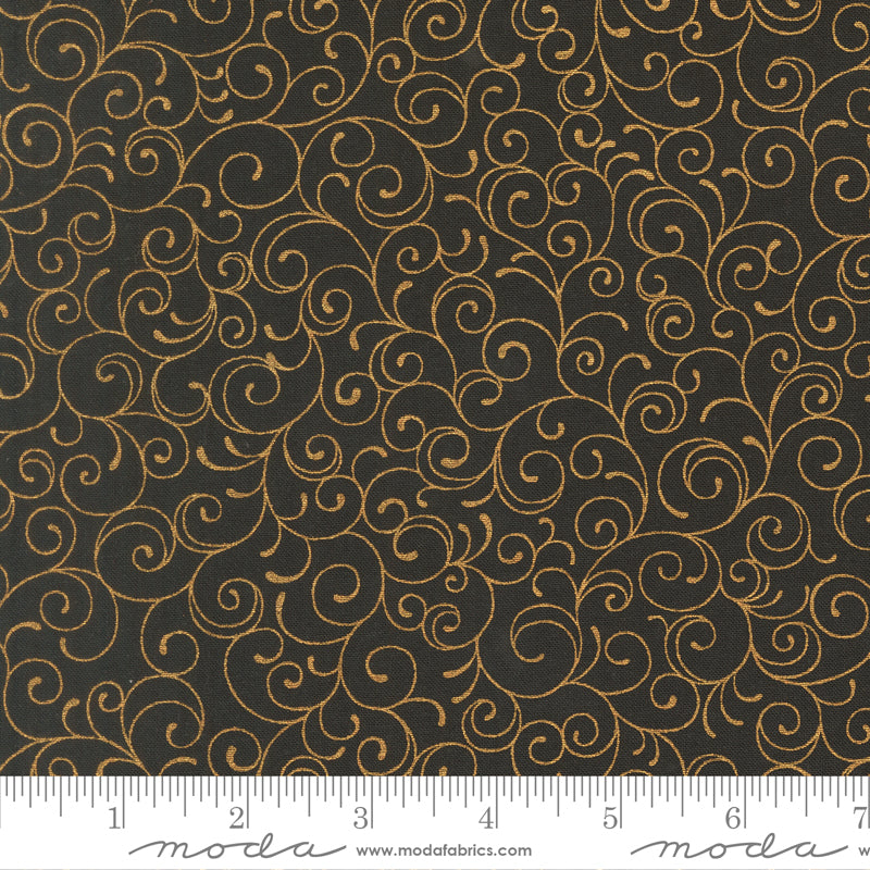 Merry Manor Metallic 2025 Swirl Blenders Ebony Black Moda Fabrics Cotton Fabric MD-33865-14M