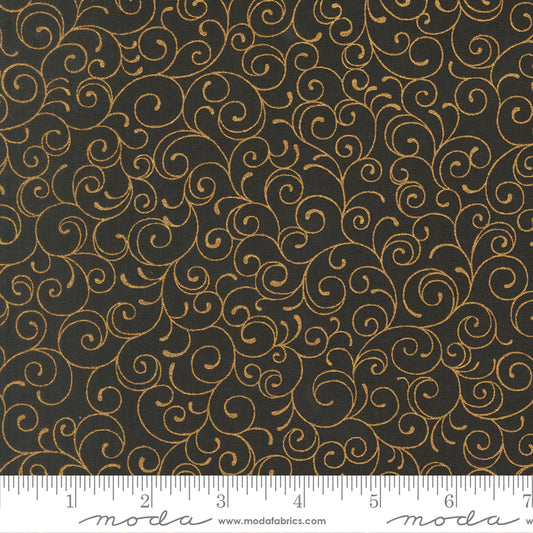 Merry Manor Metallic 2025 Swirl Blenders Ebony Black Moda Fabrics Cotton Fabric MD-33865-14M