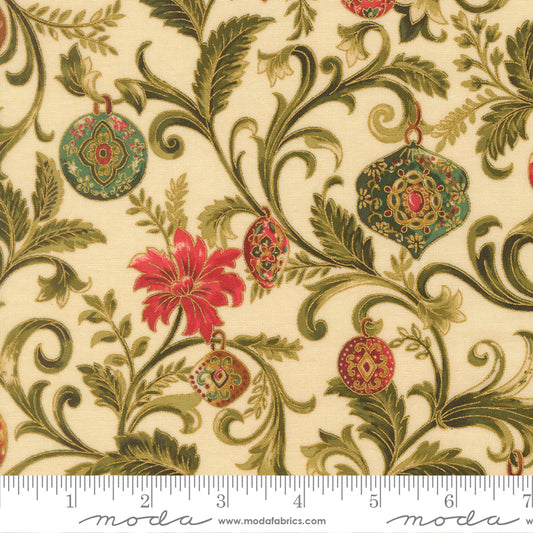 Merry Manor Metallic 2025 Twinkling Vine Florals Ornaments Cream Moda Fabrics Cotton Fabric MD-33861-11M