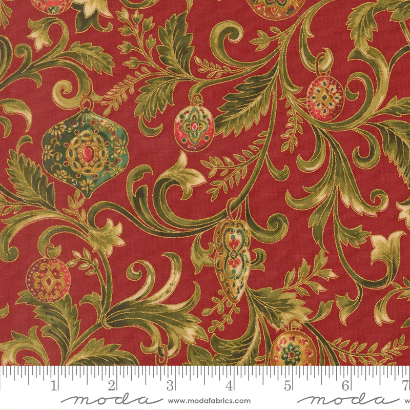 Merry Manor Metallic 2025 Twinkling Vine Florals Ornaments Crimson Red Moda Fabrics Cotton Fabric MD-33861-12M