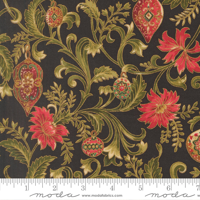 Merry Manor Metallic 2025 Twinkling Vine Florals Ornaments Ebony Black Moda Fabrics Cotton Fabric MD-33861-14M