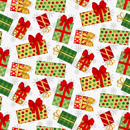 Merry Town Tossed Packages White Studio E Cotton Fabric SE-6364-8
