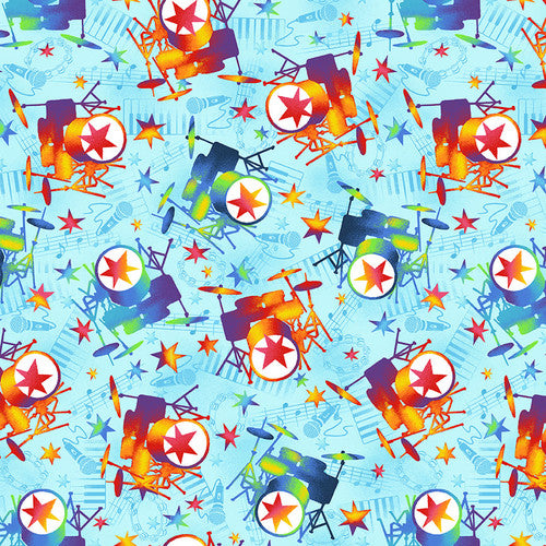 Mew-Sic Legends Drum Kit Blue Red Angie Rozelaar Studio E Cotton Fabric | US Fabric Shop