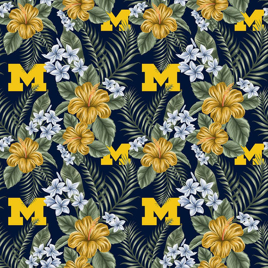 Michigan Wolverines NCAA College Tropical Palm Allover Sykel Cotton Fabric