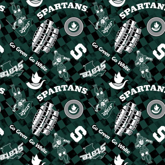 Michigan State Spartans NCAA College Checks Green Sykel Enterprises Canvas Duck Cloth Cotton Fabric MIST-1380-GREEN
