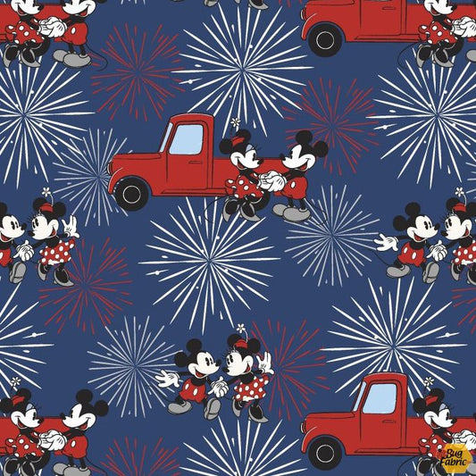 Mickey and Minnie Mouse Fireworks Patriotic Blue Metallic Springs Creative Cotton Fabric