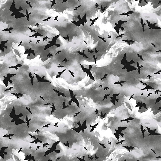 Midnight Magic Flying Crows Grey Gracie Popp Studio E Cotton Fabric