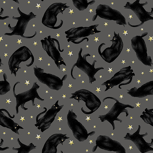 Midnight Magic Tossed Black Cats Charcoal Gracie Popp Studio E 43 Cotton Fabric