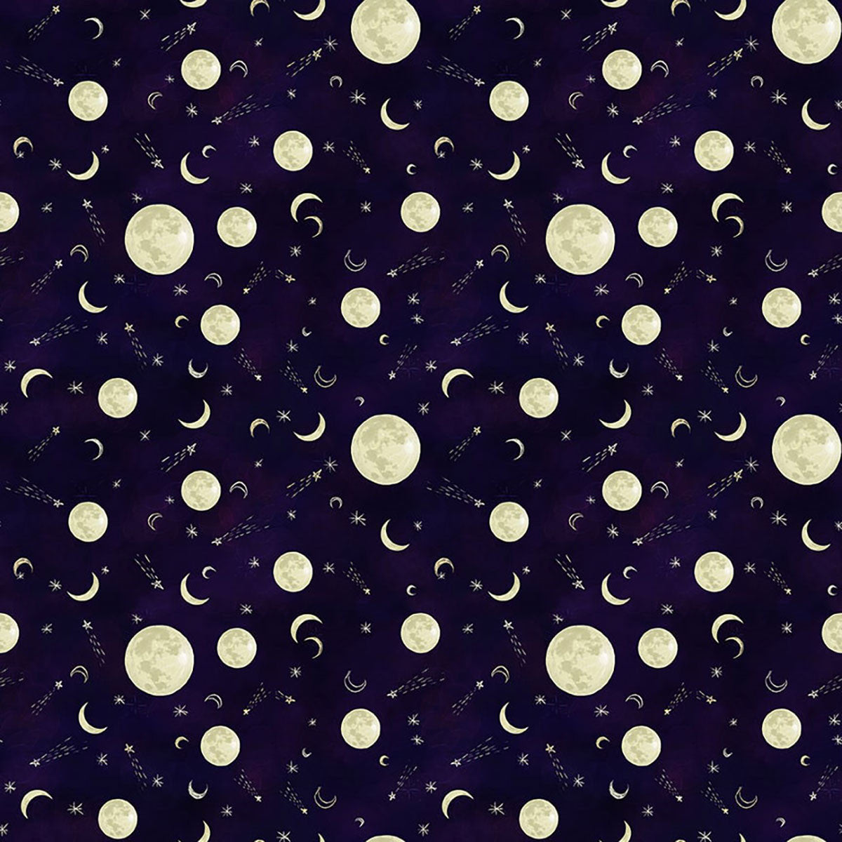 Midnight Rendezvous Full & Crescent Moons w/ Stars Dark Purple Raquel Maciel Blank Quilting Cotton Fabric