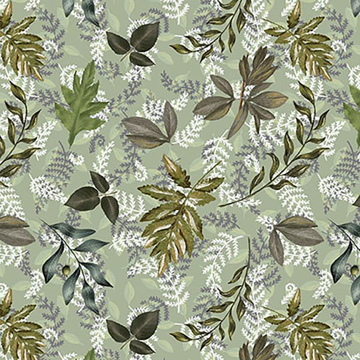 Midnight Rendezvous Leaves Tossed Green Raquel Maciel Blank Quilting Cotton Fabric