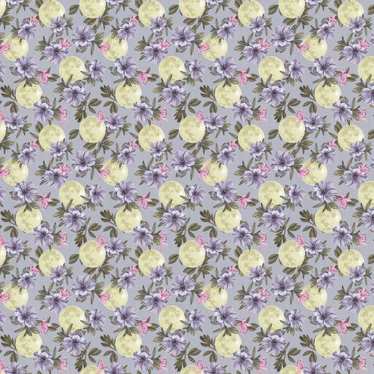 Midnight Rendezvous Moons Flowers Allover Light Purple Raquel Maciel Blank Quilting Cotton Fabric