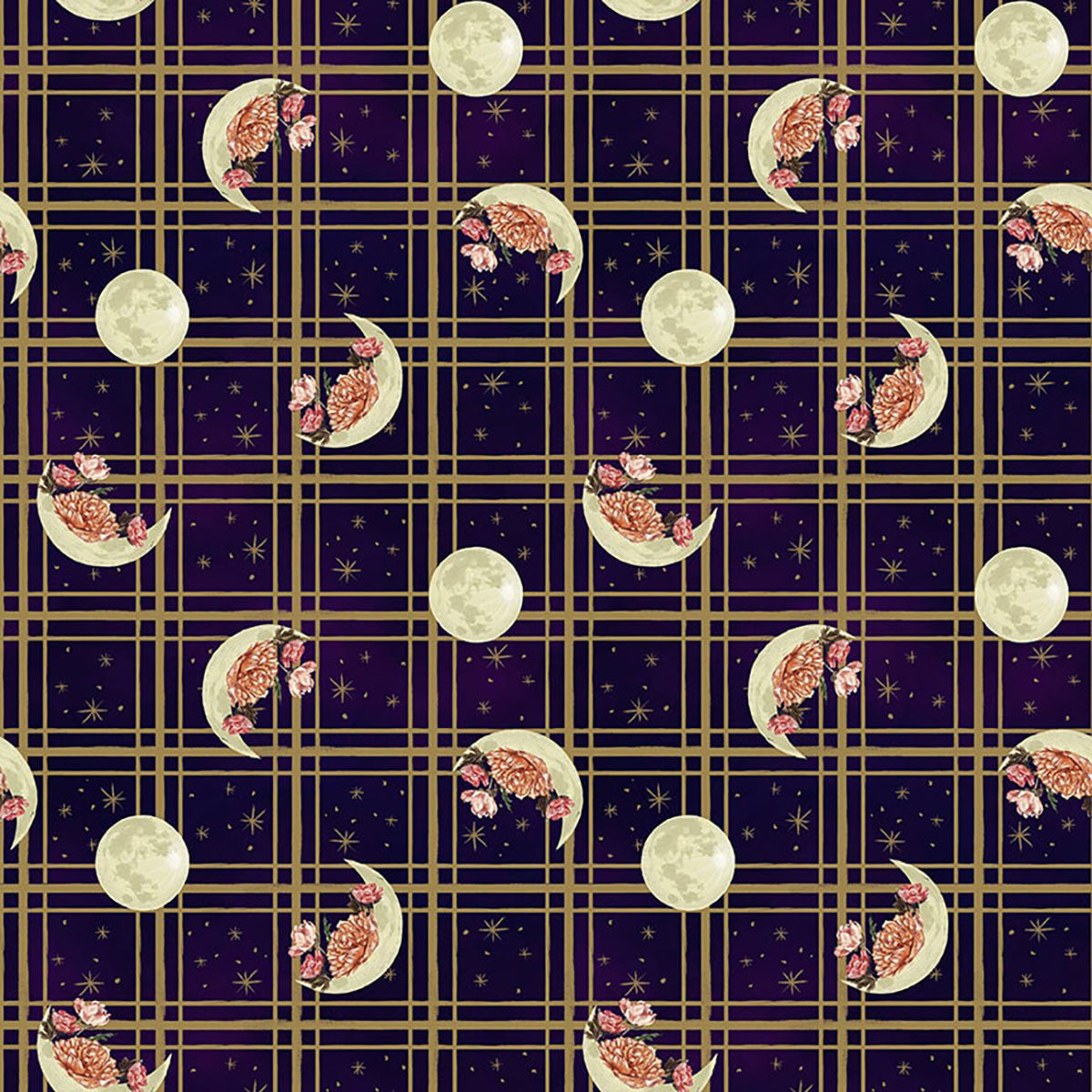 Midnight Rendezvous Moons Flowers Plaid Dark Purple Raquel Maciel Blank Quilting Cotton Fabric