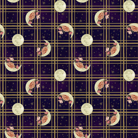 Midnight Rendezvous Moons Flowers Plaid Dark Purple Raquel Maciel Blank Quilting Cotton Fabric