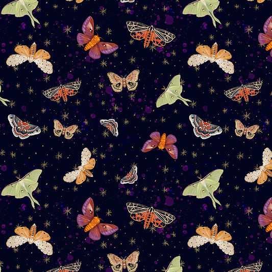 Midnight Rendezvous Moths Tossed Dark Purple Raquel Maciel Blank Quilting Cotton Fabric