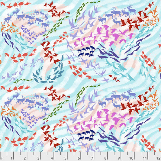 Migration Migratory Map Animals Aqua Blue Lorraine Turner Free Spirit Cotton Fabric