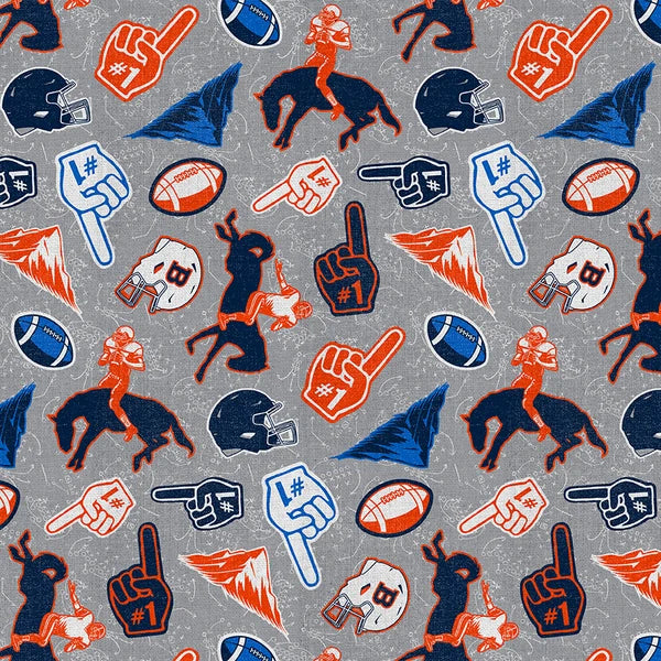 Mile High Matchup Denver Finger Fan Football Grey Blue Orange Paintbrush Studio Cotton Fabric PBS-120-26817