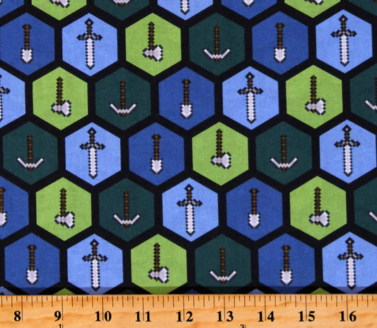 Minecraft Tools Pickaxes Axes Shovels Swords Hexagons Pattern Video Games Springs Creative Cotton Fabric