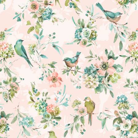 Mint Crush Birds Bouquet Pink Lisa Audit Wilmington Prints Cotton Fabric