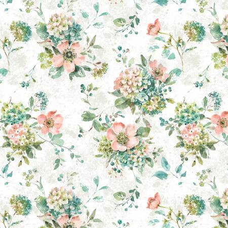 Mint Crush Floral Bouquet White Lisa Audit Wilmington Prints Cotton Fabric