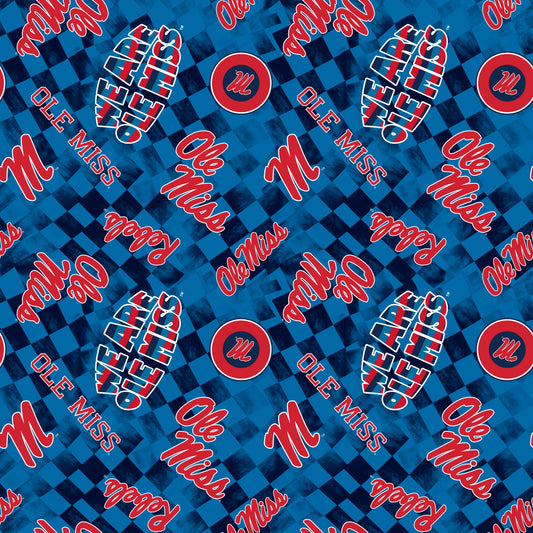 Mississippi Ole Miss Rebels NCAA College Checks Blue Sykel Enterprises Canvas Duck Cloth Cotton Fabric MS-1380-BLUE