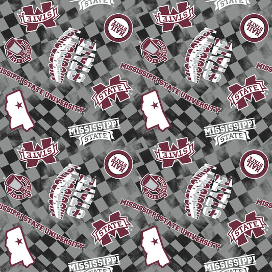 Mississippi State Bulldogs NCAA College Checks Gray Sykel Enterprises Canvas Duck Cloth Cotton Fabric MSST-1380-GRAY