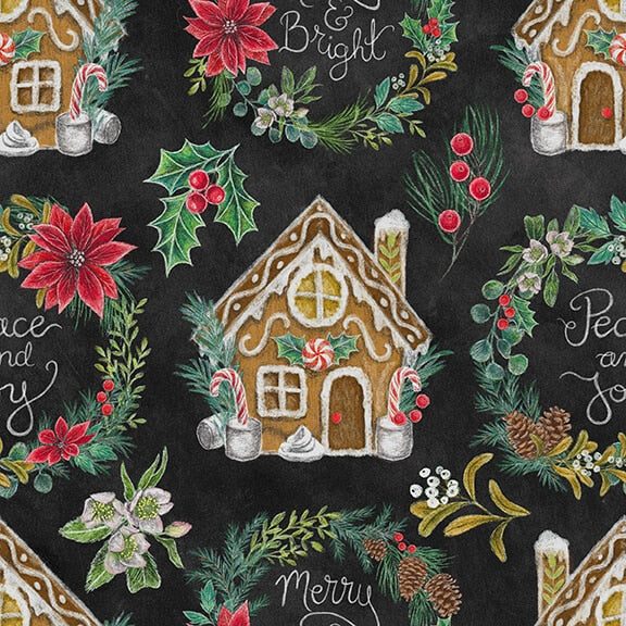 Mistletoe Magic Christmas Gingerbread Houses & Wreaths Black Lily Ford Blank Quilting Cotton Fabric