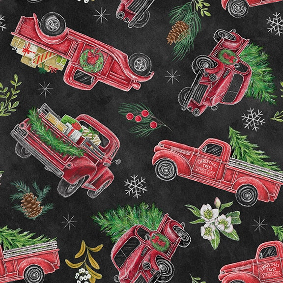 Mistletoe Magic Christmas Red Trucks Tossed Black Lily Ford Blank Quilting Cotton Fabric