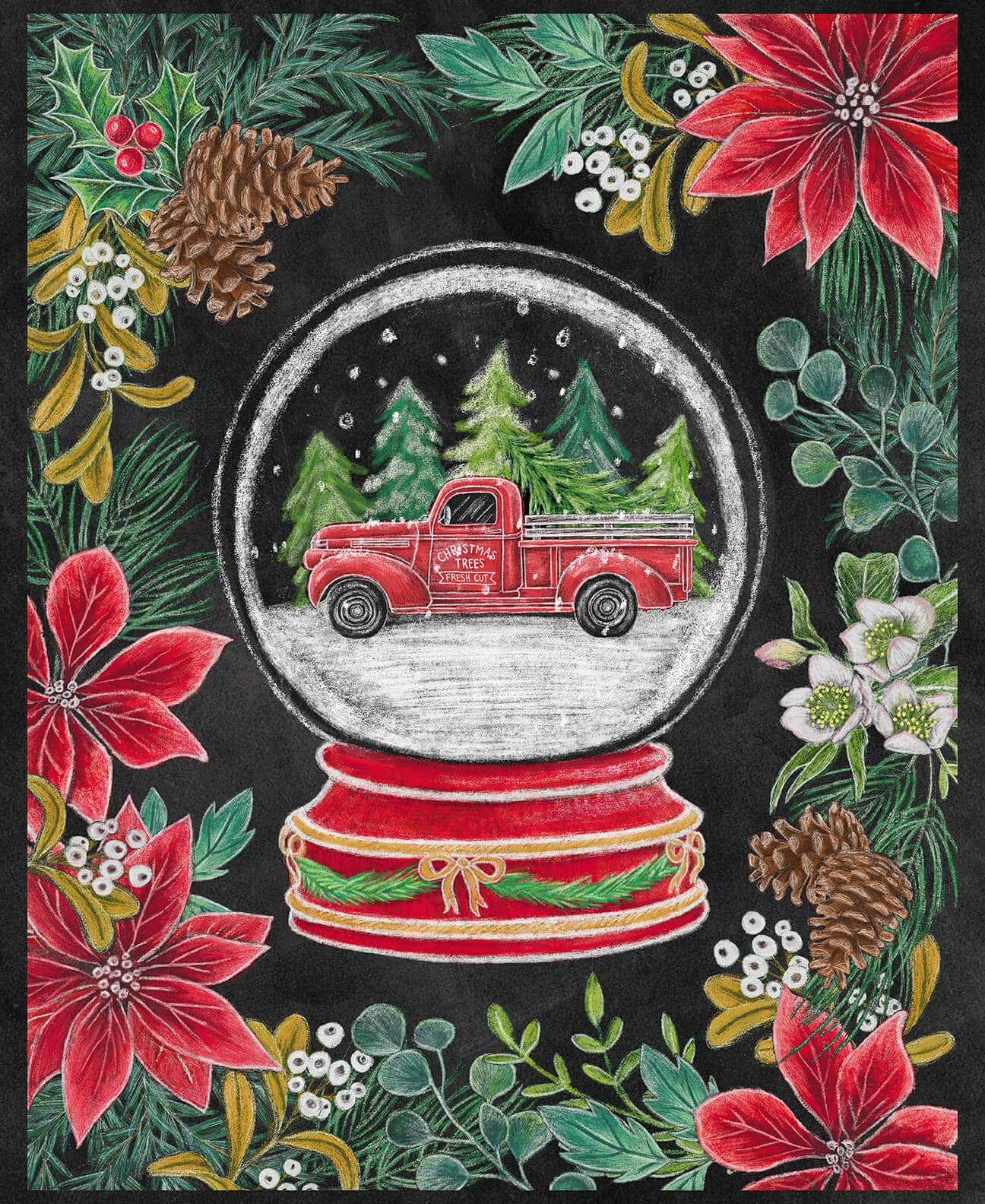 Mistletoe Magic Christmas Snowglobe Panel 36" Black Lily Ford Blank Quilting Cotton Fabric