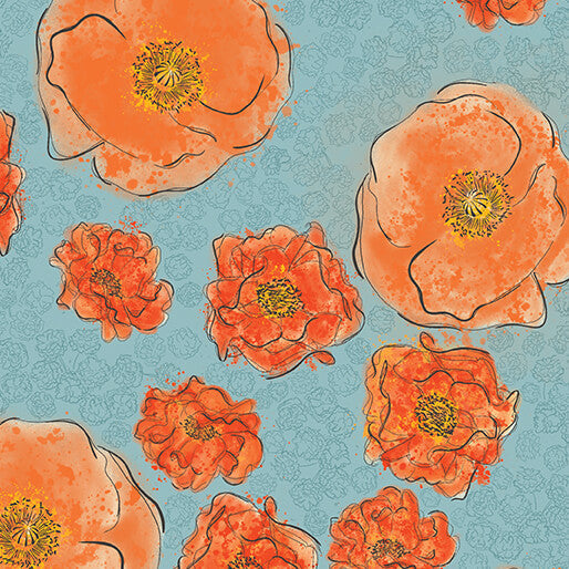 Modern Vintage: Treasured Poppies Turquoise Rachel Rossi Benartex Cotton Fabric BE-16593-83
