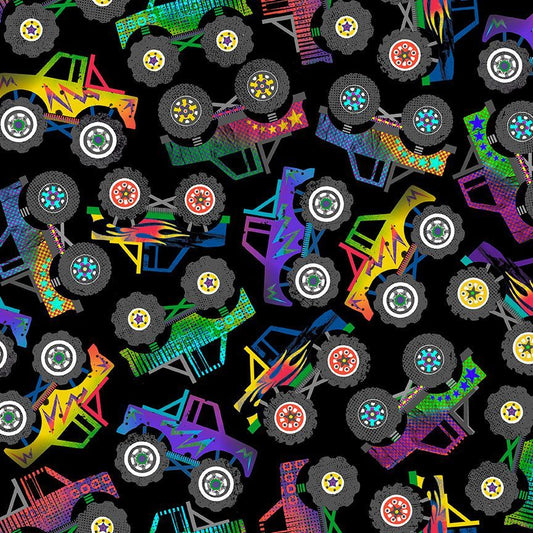 Monster Wheels Monster Truck Black Timeless Treasures Cotton Fabric