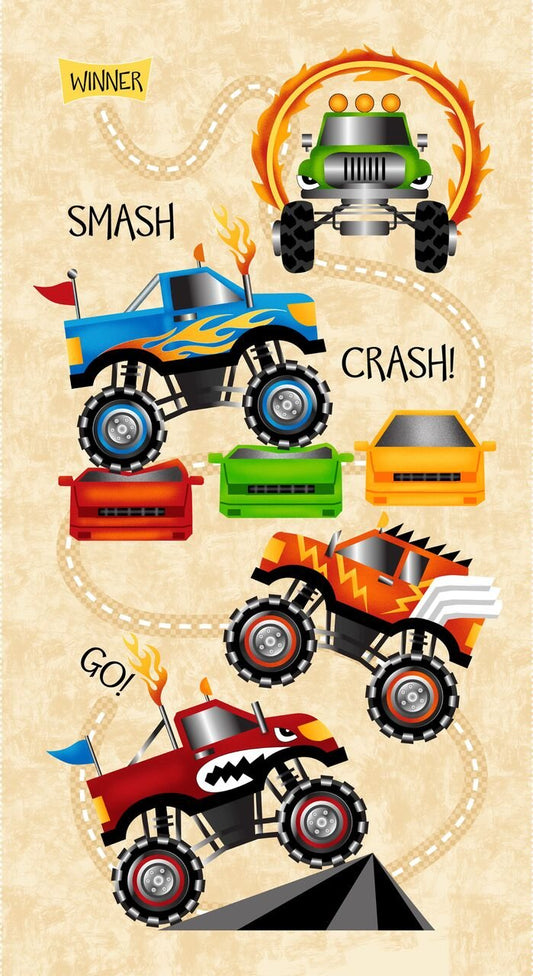Monster Trucks Banner Panel 24" Cream Pattern Wheel Studio Henry Glass Cotton Fabric