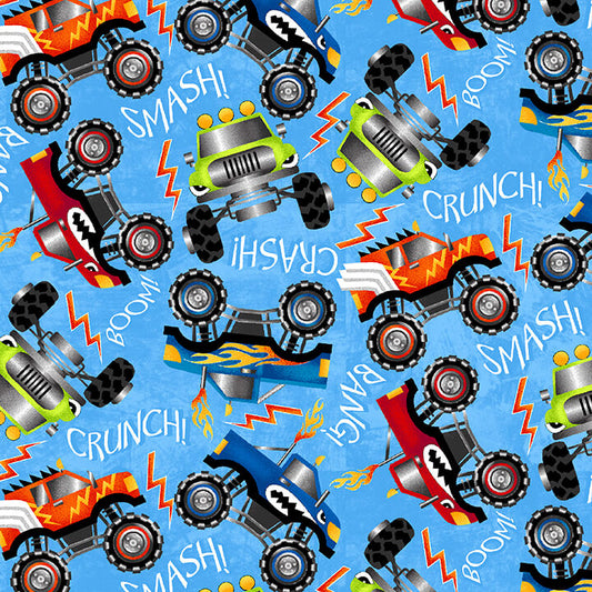 Monster Trucks Tossed Allover Trucks Light Blue Pattern Wheel Studio Henry Glass Cotton Fabric