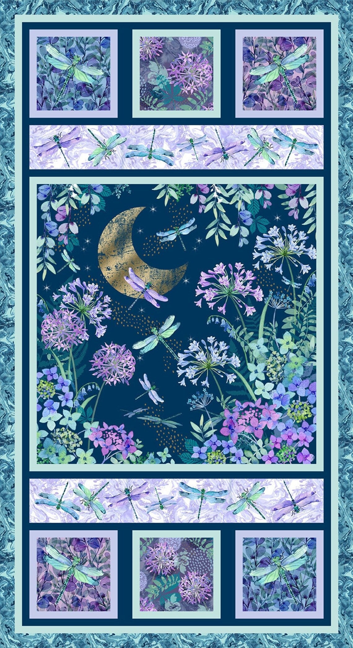 Gypsy Flutter Moon & Dragonfly Panel 24" Dark Blue Elsie Ess Blank Quilting Cotton Fabric