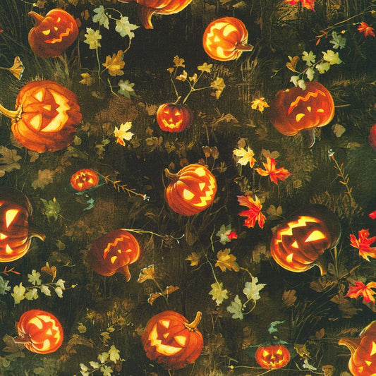 Moon Spell Jack O' Lanterns and Fall Leaves Earth Dark Green Claudia McKinney Robert Kaufman Cotton Fabric RK-APYD-23692-169