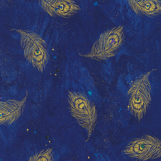 Moonlight Plume Feathers Metallic Royal Blue Chong-A-Hwang Timeless Treasures Cotton Fabric