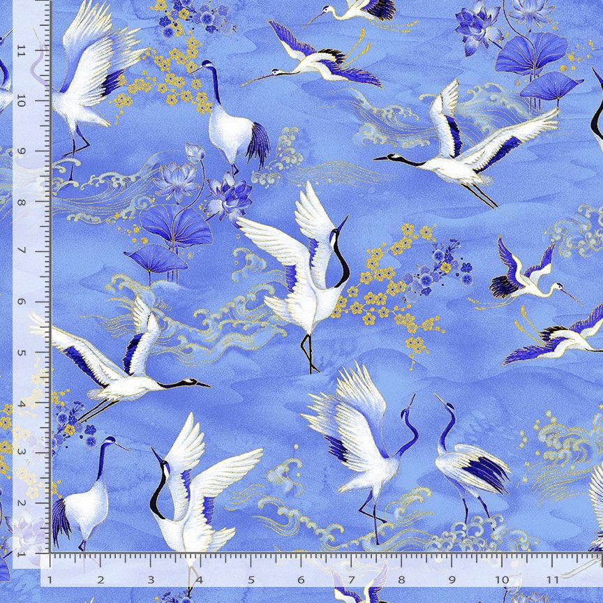 Moonlight Asian Crane Sea Metallic Chong-A-Hwang Timeless Treasures Cotton Fabric TT-LOTUS-CM3986-SEA | US Fabric Shop
