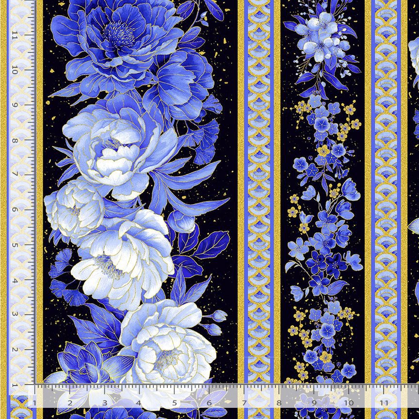 Moonlight Asian Floral 11" Stripe Black Metallic Chong-A-Hwang Timeless Treasures Cotton Fabric TT-LOTUS-CM3982-BLACK