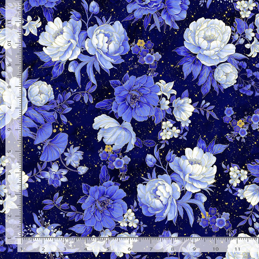 Moonlight Asian Floral Navy Metallic Chong-A-Hwang Timeless Treasures Cotton Fabric TT-LOTUS-CM3981-NAVY