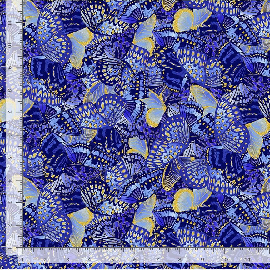 Moonlight Butterflies Packed Indigo Metallic Chong-A-Hwang Timeless Treasures Cotton Fabric TT-LOTUS-CM3991-INDIGO