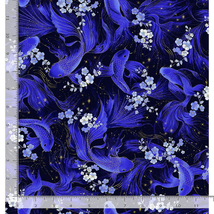 Moonlight Butterfly Koi Fish Black Metallic Chong-A-Hwang Timeless Treasures Cotton Fabric TT-LOTUS-CM3992-BLACK