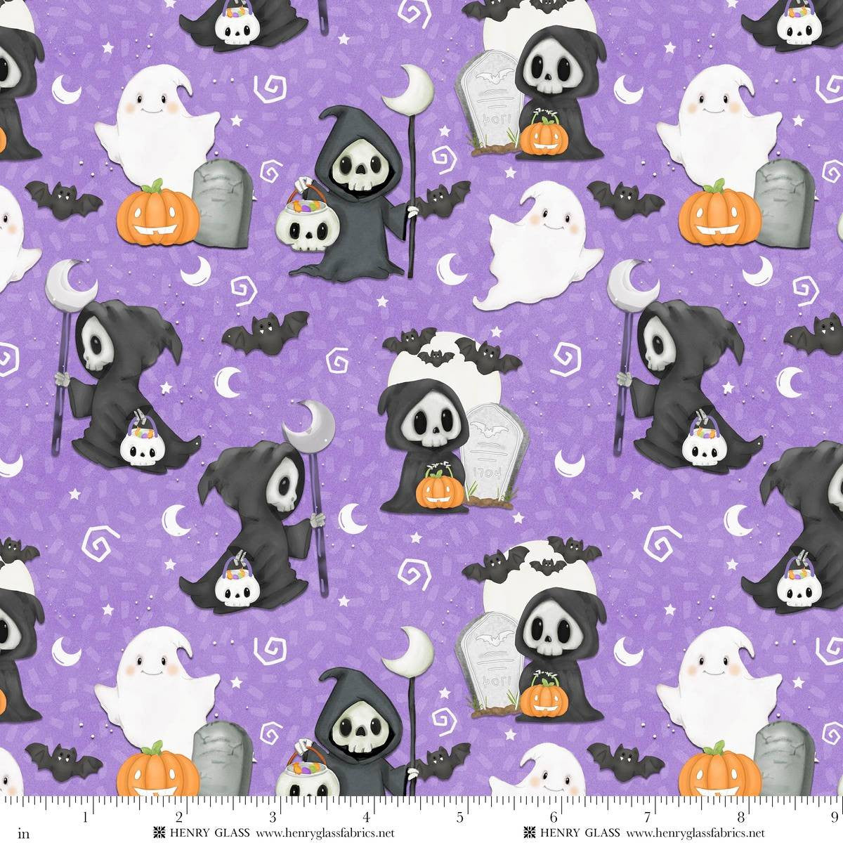 Moonlight Mischief Glow Grimm Reaper and Ghost Light Purple Shelly Comiskey Henry Glass Cotton Fabric HG-2561G-55
