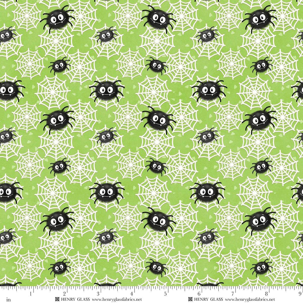 Moonlight Mischief Glow Spiders and Webs Glow Green Shelly Comiskey Henry Glass Cotton Fabric HG-2557G-66