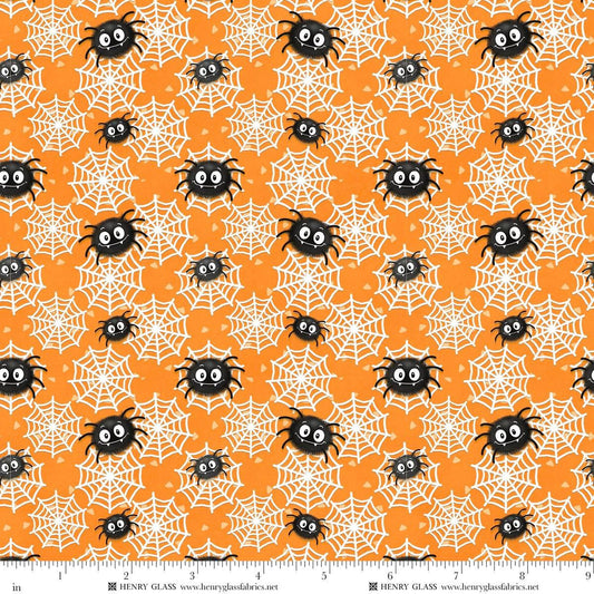 Moonlight Mischief Glow Spiders and Webs Glow Orange Shelly Comiskey Henry Glass Cotton Fabric HG-2557G-33