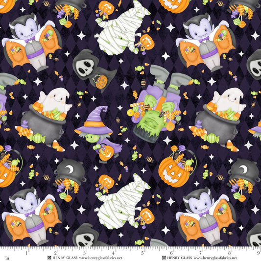 Moonlight Mischief Glow Tossed Motifs Glow Dark Purple Shelly Comiskey Henry Glass Cotton Fabric HG-2552G-55