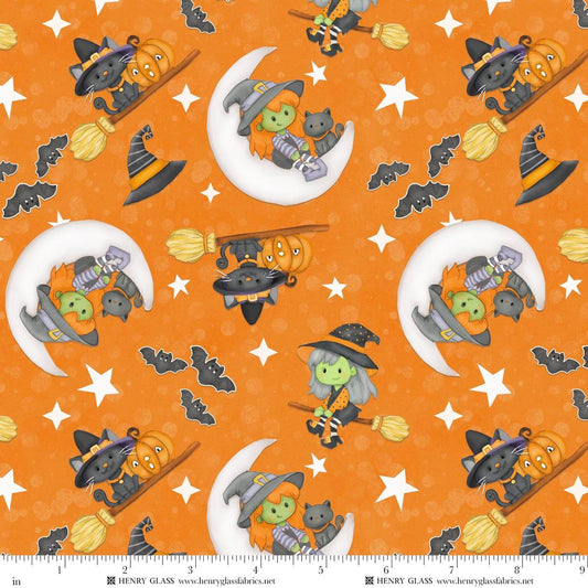 Moonlight Mischief Glow Witch & Cat on Moon Glow Orange Shelly Comiskey Henry Glass Cotton Fabric HG-2560G-33