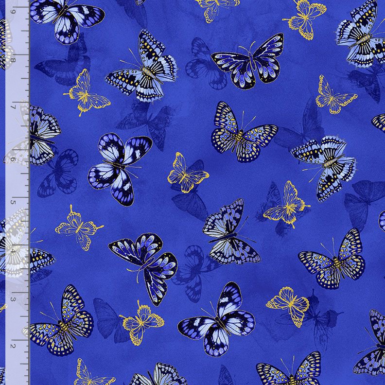 Moonlight Tossed Butterflies Royal Metallic Chong-A-Hwang Timeless Treasures Cotton Fabric TT-LOTUS-CM3990-ROYAL