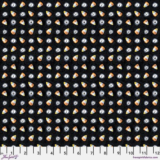 Moonlit Mischief Candy Corn Ghouls Black Mary Engelbreit Free Spirit Cotton Fabric FS-PWMY045.BLACK